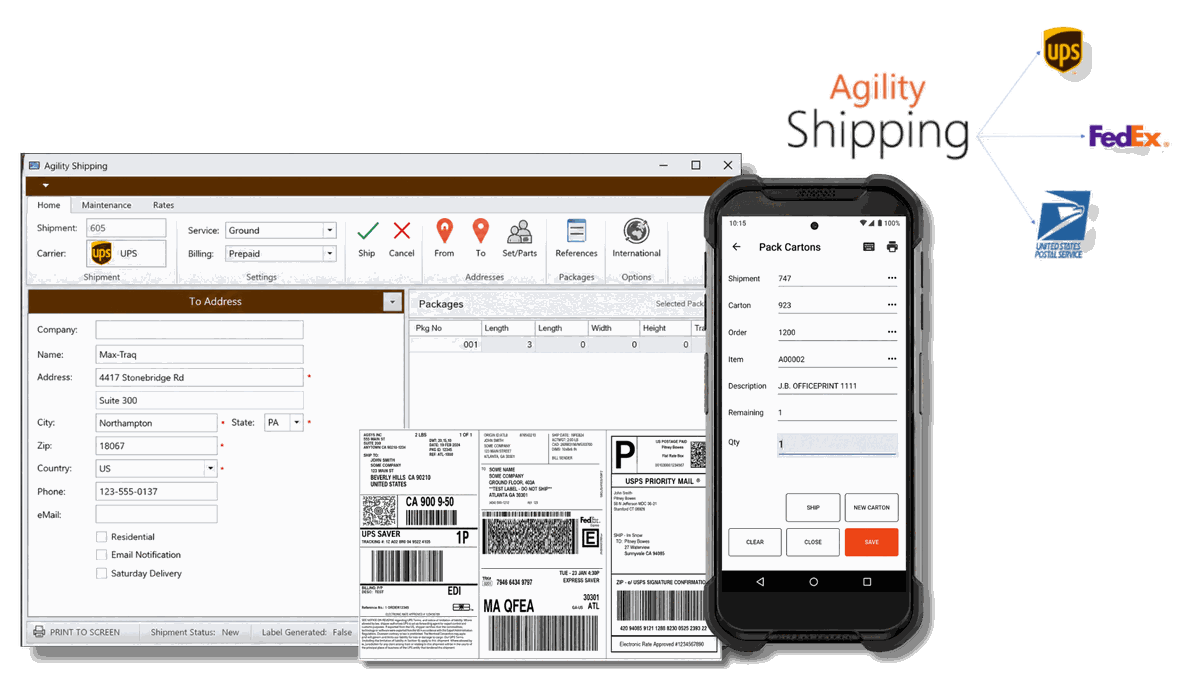 Wisys shipping desktop app and mobile Pack Cartons screen with UPS, FedEx, and USPS label options