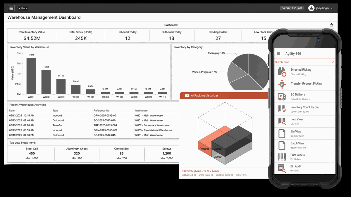 Wisys warehouse dashboard with inventory by warehouse beside an Android scanner menu for picking and cycle counts
